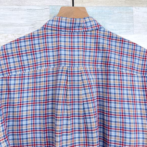 Johnnie O Woven Button Down Shirt Blue Red Plaid Long Sleeve Casual Mens Medium - Picture 4 of 5